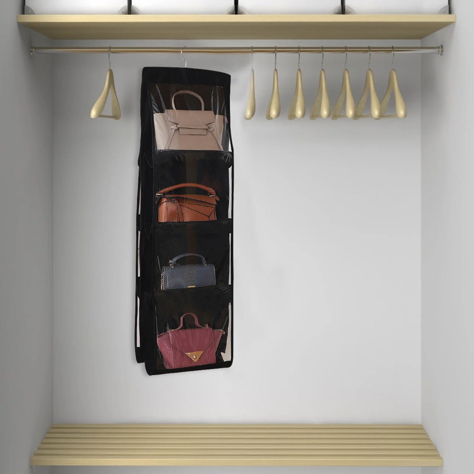 

1Pcs Hanging Handbag Organizer Clear Slot Design 8 Compartments Purse Holder Closet Storage Organizer Hanging Handbag Holder