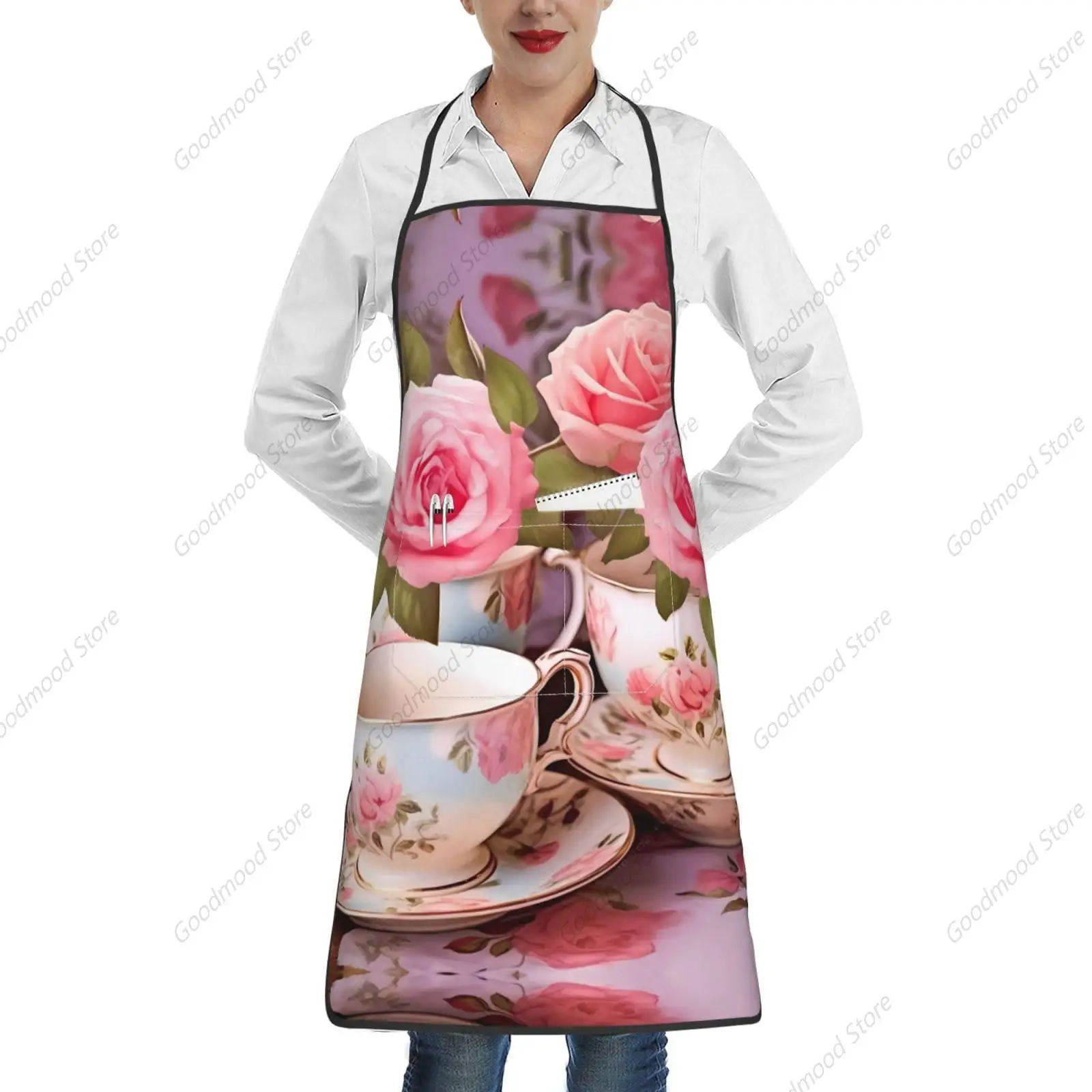 Tea Cups With Roses Romantic Shabby Print Apron Kitchen Cooking Baking Gardening For Women Men With Pockets Waterproof Apron