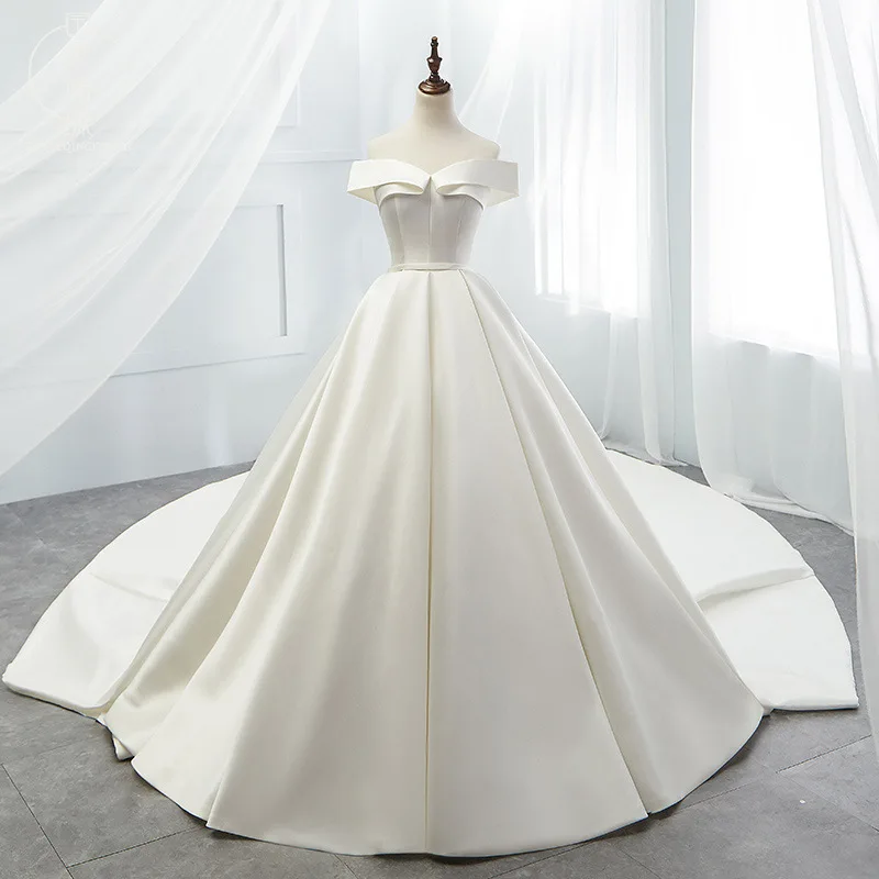 off-Shoulder Wedding Dress Summer New Pettiskirt Simple Trailing Satin