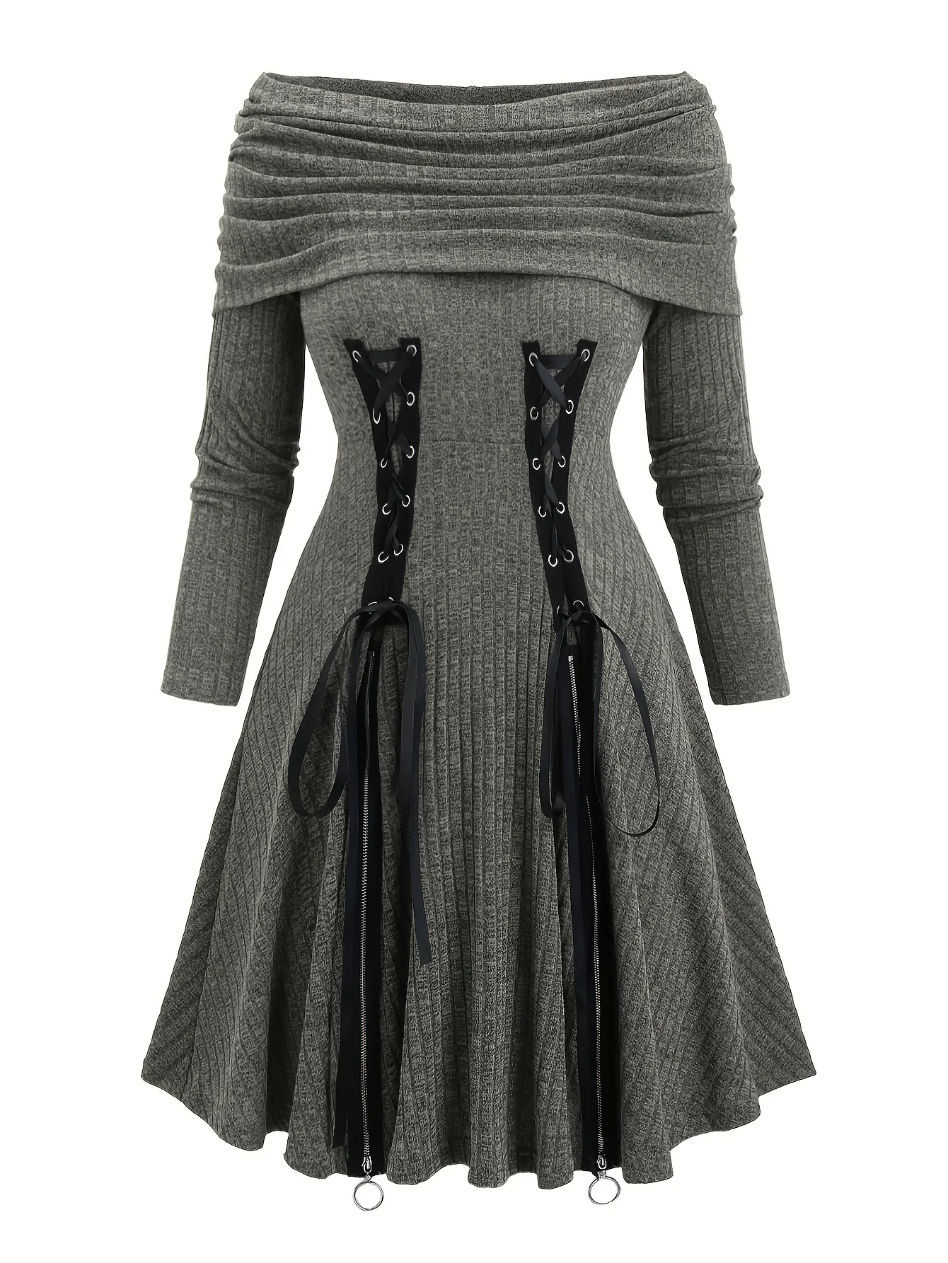 2024 European and American leisure fashion solid color shoulder drawstring plus size A dress female