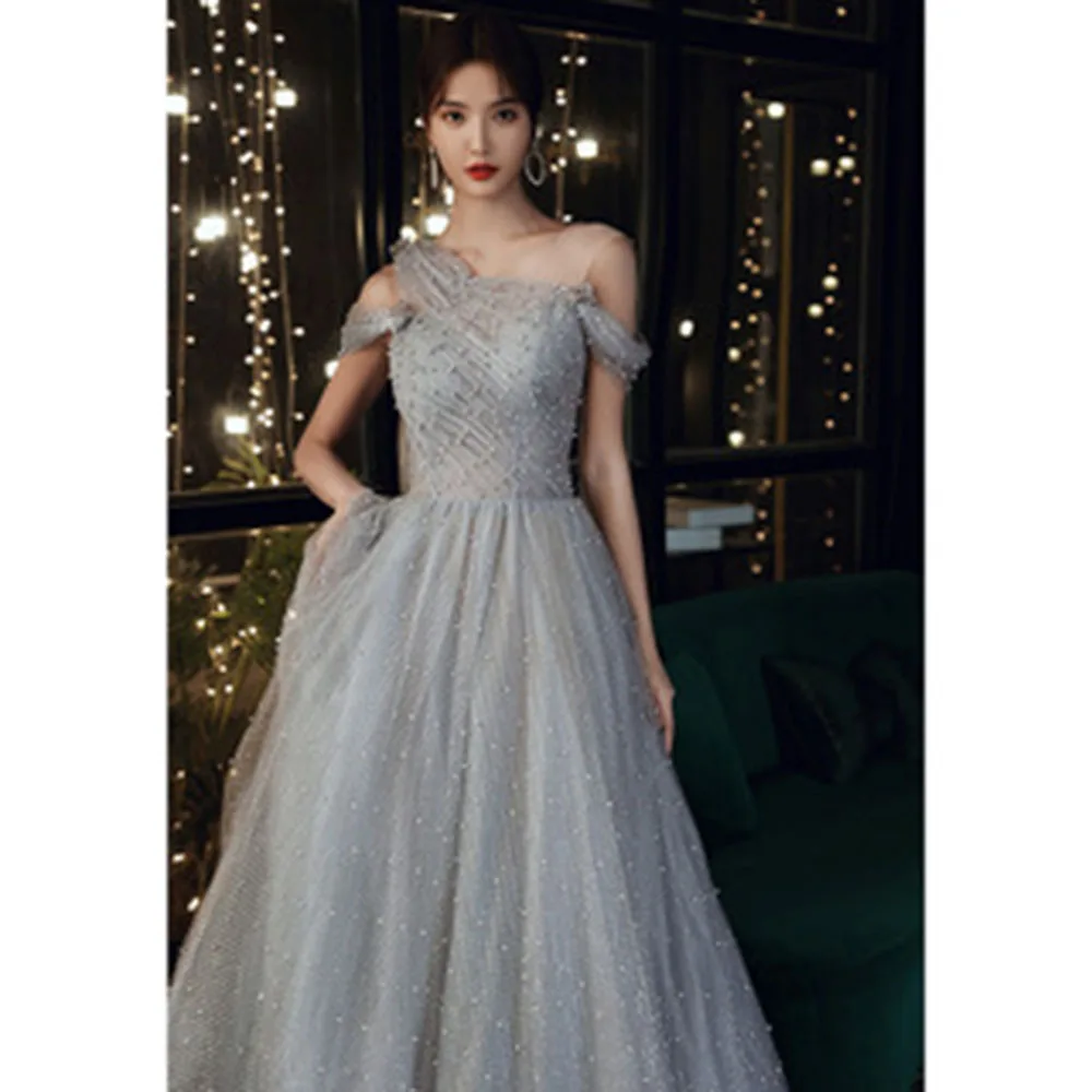 Elegant Evening Dress Women's Irregular Off The Shoulder Pleated Texture Prom Gown Light Luxury Beading Applique A-Line Vestido