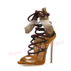 Cross Tied Sandals With Plush Ball Women Open Toe Strappy High Heels Gladiator Sandals Suede Classy Elegant Cover Heel Shoes