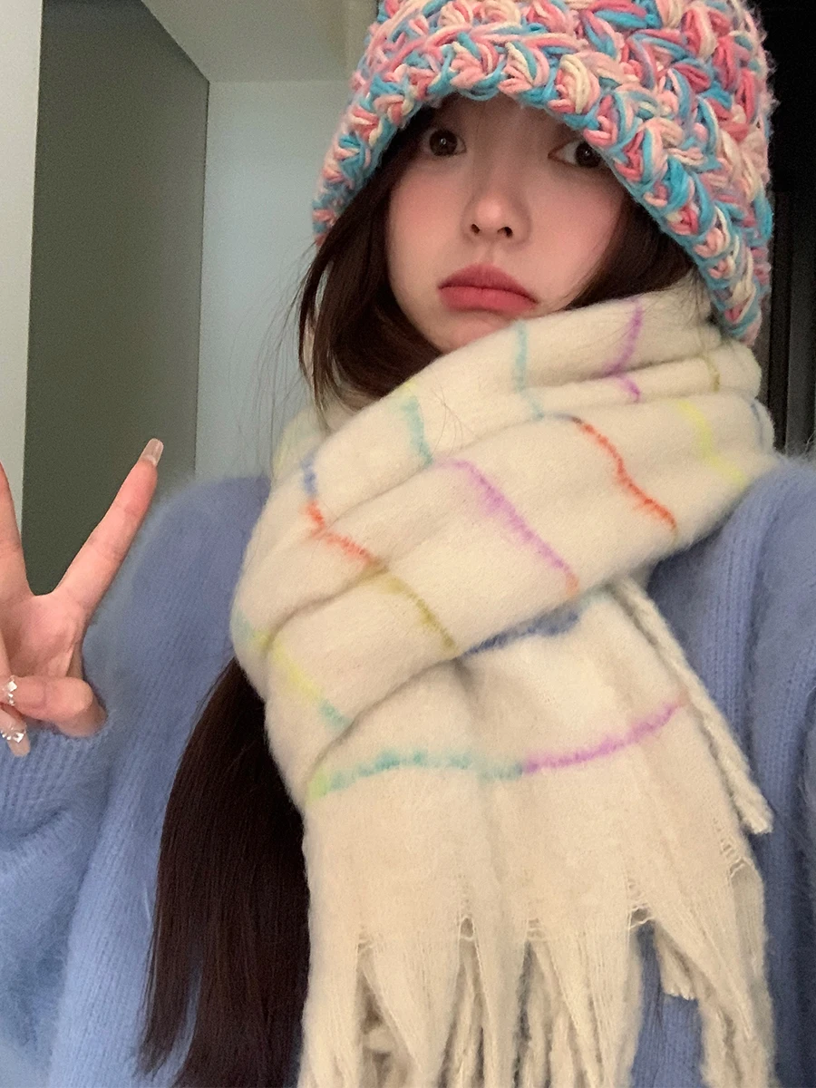 

Зимний шарф для женщин, новинка 2025 года, полосатая японская пашмина, универсальный, высококачественный, теплый, утолщенный, для защиты от холода, шеи