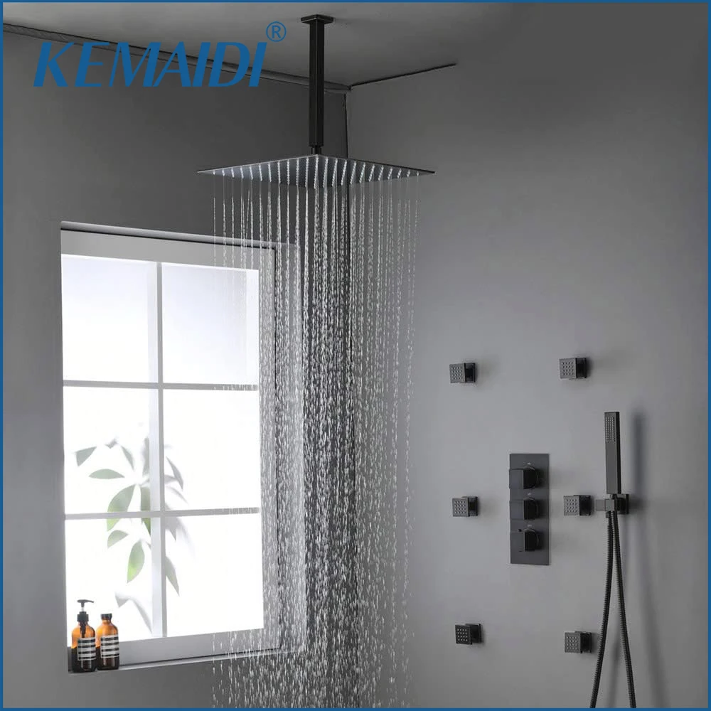 

KEMAIDI Matte Black Rain Shower System Ceiling Rainfall Square Head with Handheld Spray and Body Jets Brass Mixer Faucet Sets