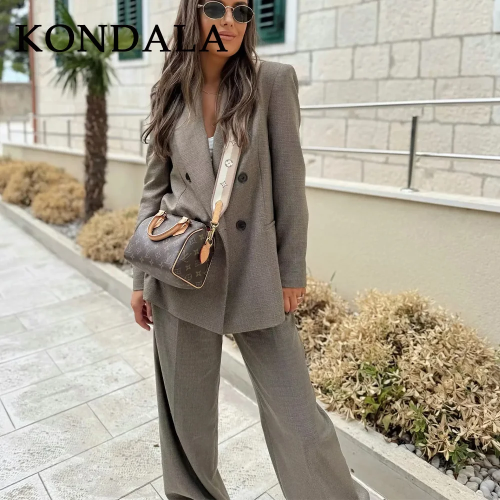 KONDALA 2025 خريف شتاء مكتب سيدة الصلبة الدعاوى موضة أنيقة مزدوجة الصدر القمم للنساء شيك زمم بنطال ذو قصة أرجل واسعة #2