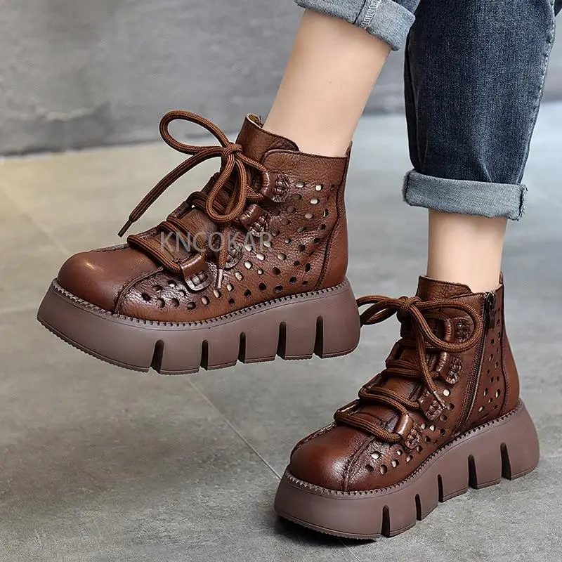 Leather thick bottom hollow sandals 2025 spring and summer breathable short boots leather retro women's shoes sponge shoes
