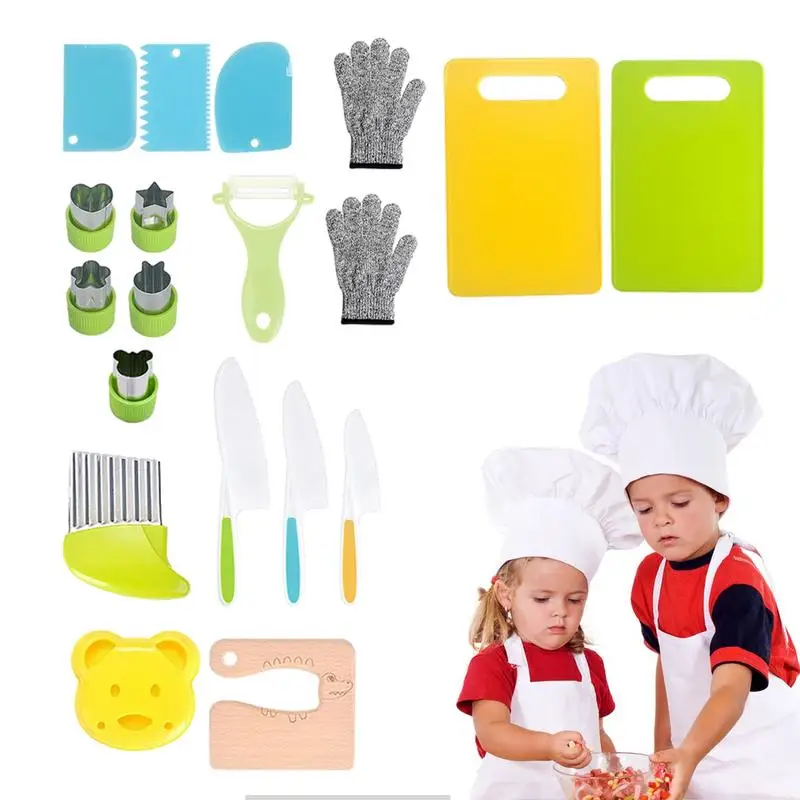 19PCS Montessori Kitchen Tools For Toddlers-Kids Cooking Sets Safe For Real Cooking Toddler Crinkle Cutter Kids Cutting Board