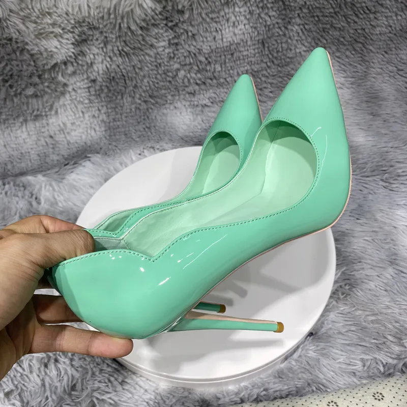 Veowalk Glossy Solid Mint Green Women Pointed Toe Curl Cut Stiletto Pumps Elegant Designer 80 100 120 High Heel Shoes for Party