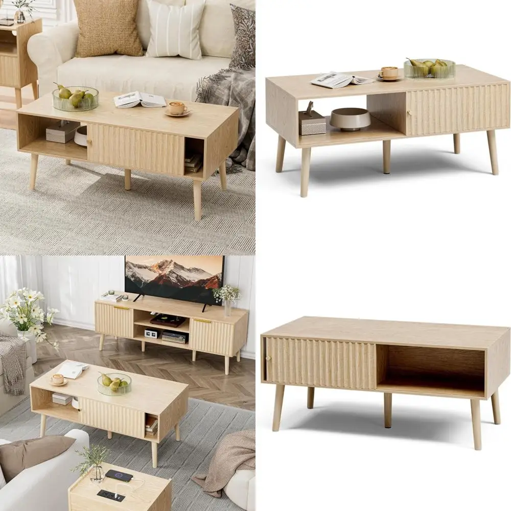 

Storage Coffee Table, Bohemian Style Dining Table with Sliding Doors and Wooden Legs, Compact Coffee Tables for Living Spaces