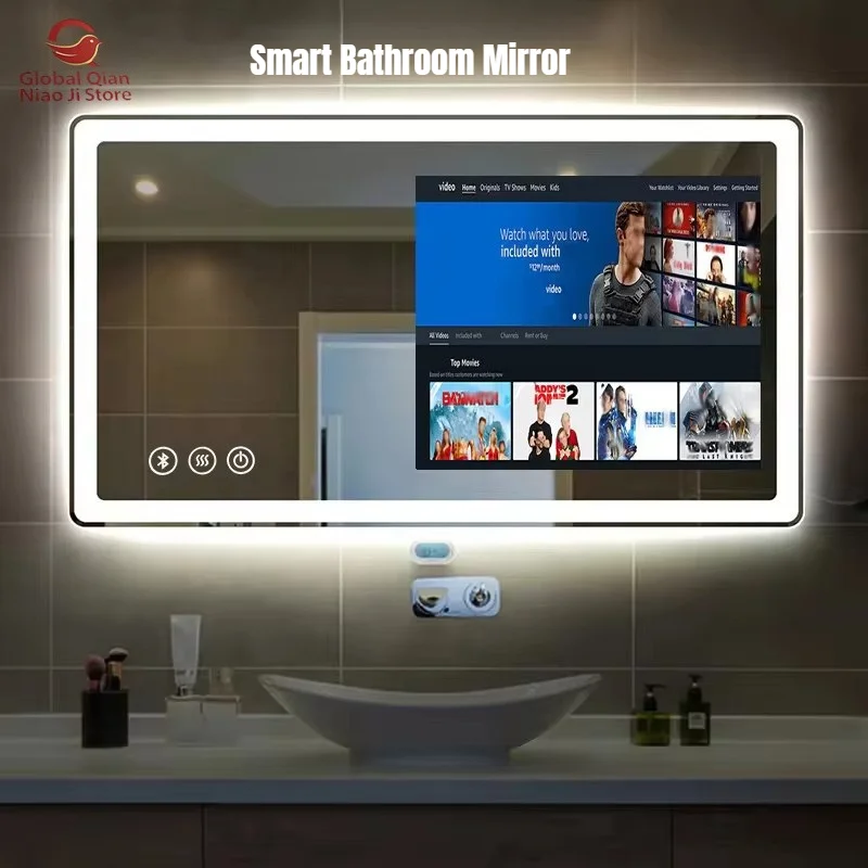 Smart Bathroom Makeup Mirror 21.5-inch LED Touch Screen Android 11/12 Fitness Mirror for Home Gym
