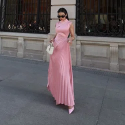 Elegant Sleeveless Round Neck Pleated Long Dresses Fashion High Waisted Solid Color Women's Dress Chic Ladies New Evening Gown