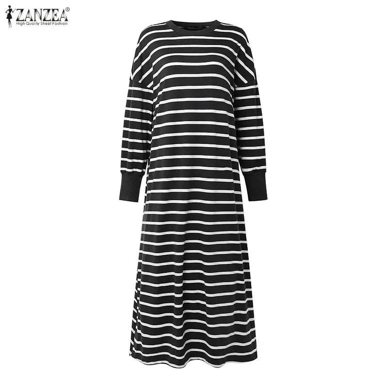 

ZANZEA Весеннее полосатое платье-сарафан макси для женщин, модное мусульманское платье-абайя, женское платье с круглым вырезом и длинными рукавами, исламский кафтан