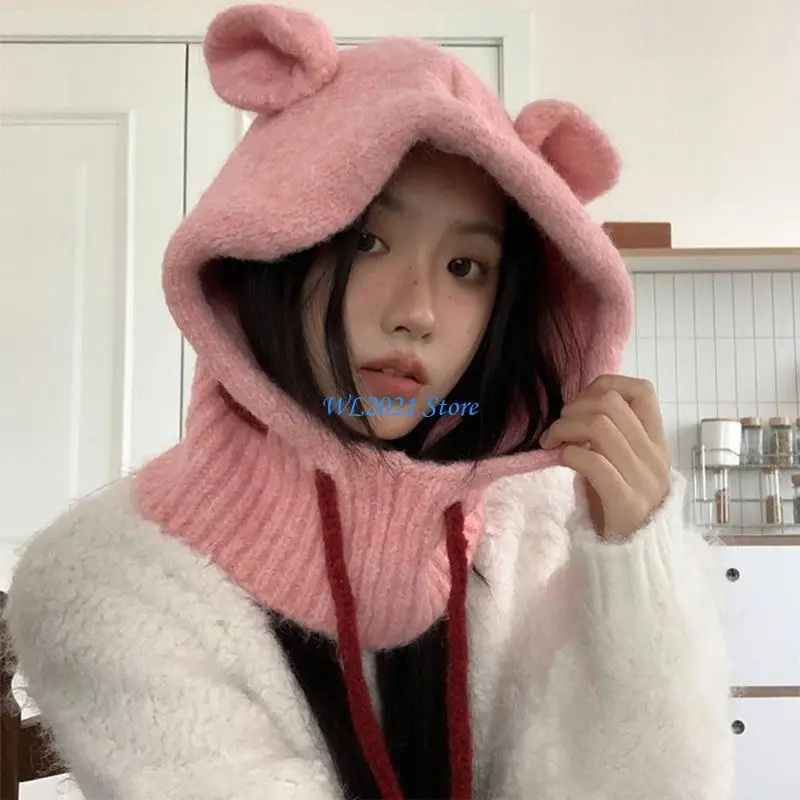 

G5GC Handcrochet Hat for Women Fashion Knitted Drawstring Balaclava Caps for Outdoor Activity Warm Photo Hat Girl Accessory