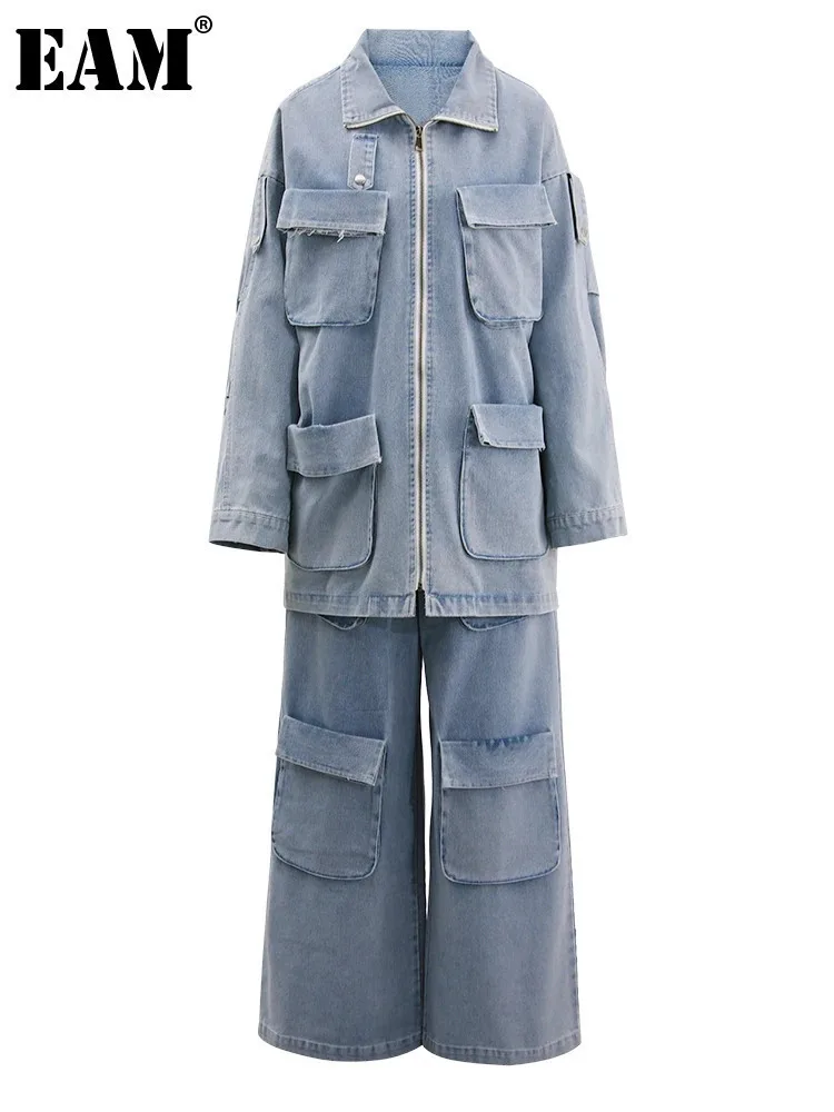 [EAM] Big Size Denim  Jacket Wide Leg Pants Two Piece Suit New Lapel Long Sleeve Women Fashion Tide Spring Autumn 2024 CPG1716