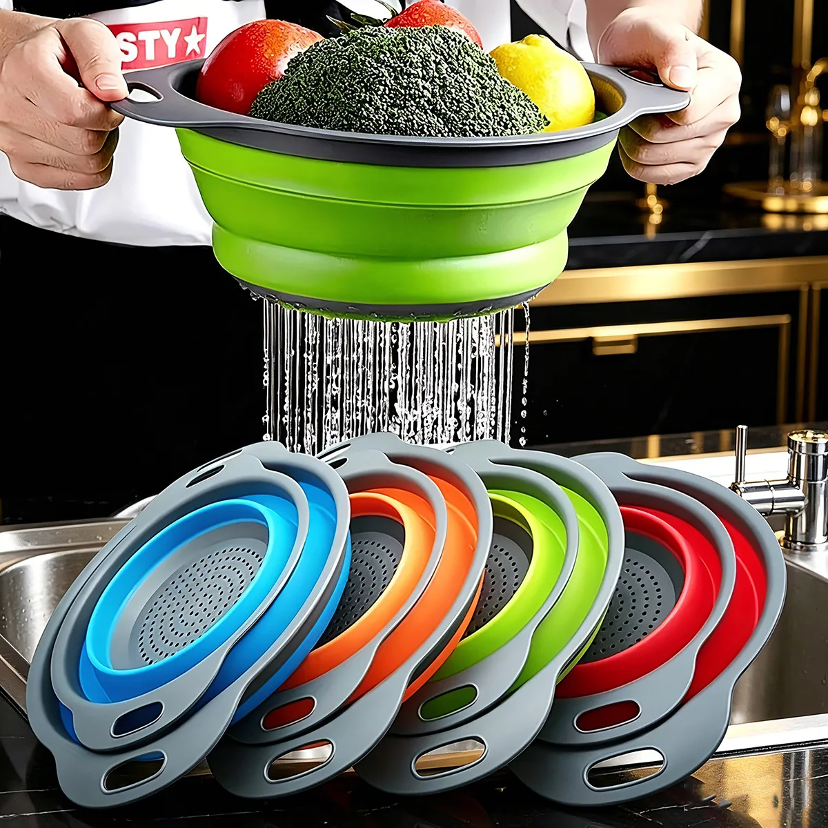 

2Pcs Collapsible Silicone Colander Set - Foldable Kitchen Strainer Baskets for Vegetables Fruits Draining