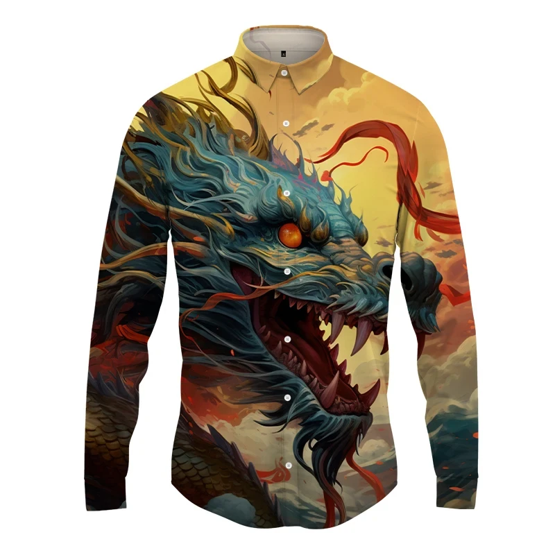 Chemise hawaïenne à manches longues avec imprimé dragon 3D pour hommes, vêtements de rue, boutons, mode printemps et automne, nouveau, Y