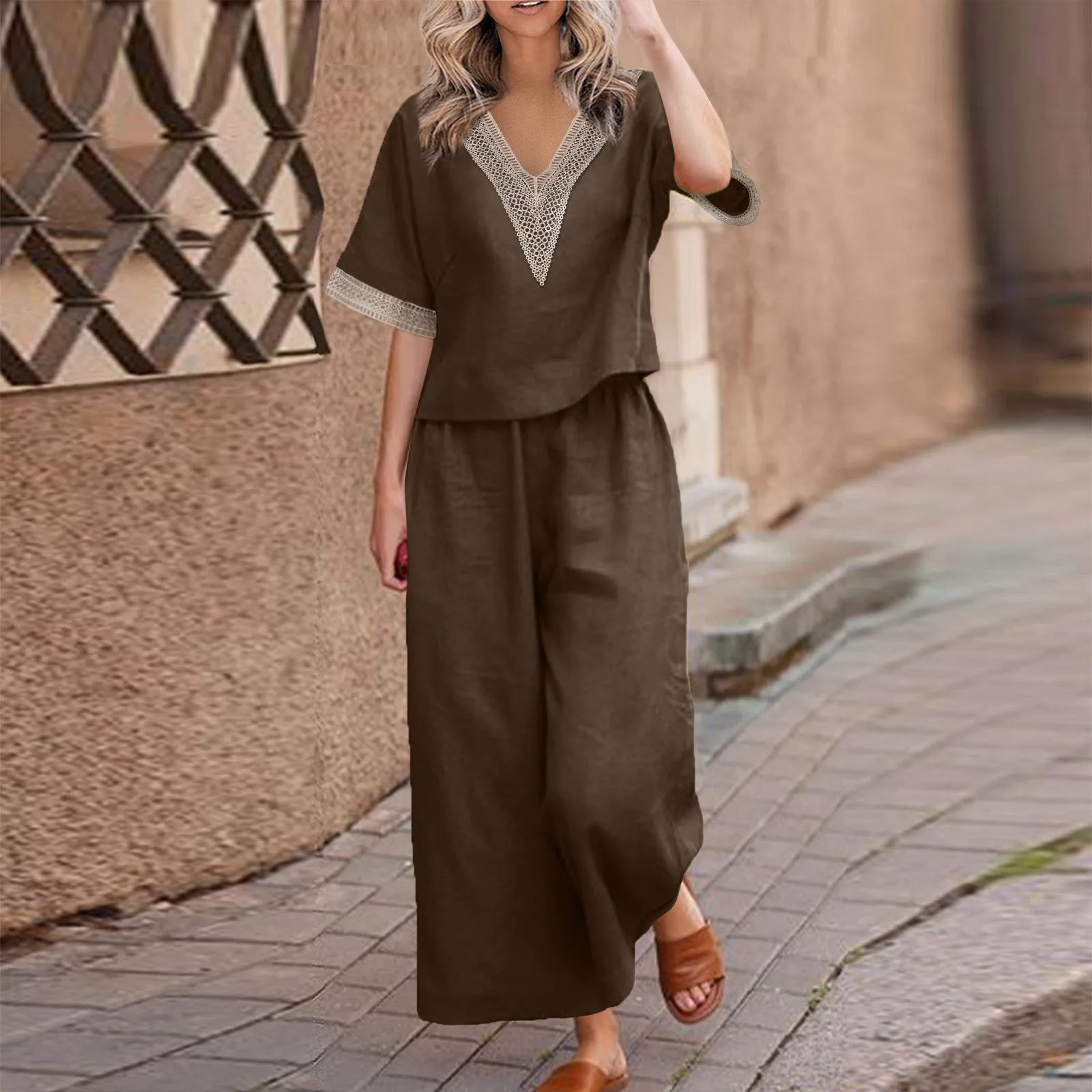 Two Pieces Loose Casual Cotton and Linen Solid Color V-neck Top Cropped Pants Spring Summer Fashionable Simple Women Clothing