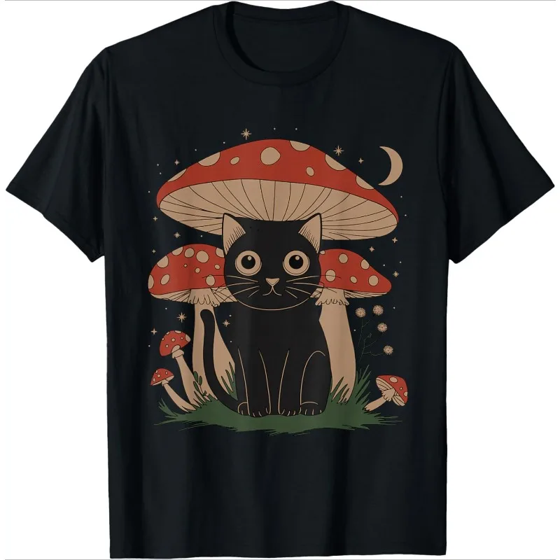 

Cartoon Cat Mushroom Black T-Shirt Fantasy Illustration Design Women's Casual Short-Sleeve Daily Versatile Crew Neck Top