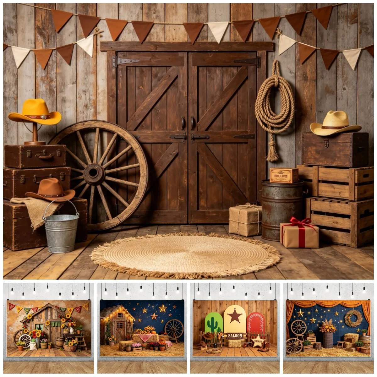 Western Cowboy Barn Door Photography Backdrop Rustic Wooden Wall Wheel Kids Baby Cake Smash Photocall Girls Birthday Background