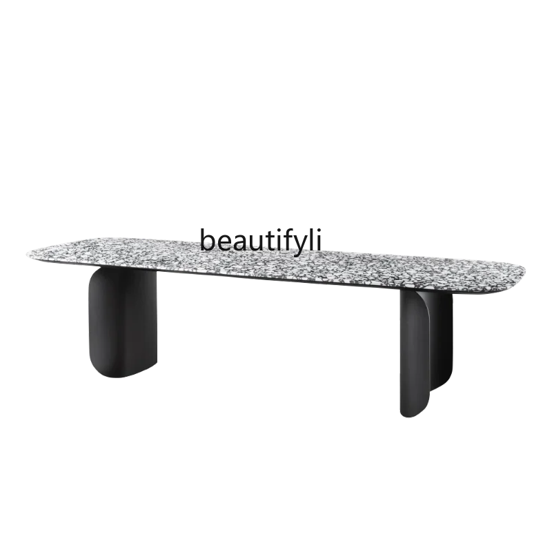 

French Entry Lux Terrazzo Dining Table Oval Stone Plate Coffee round Table Designer Minimalist Conference Table