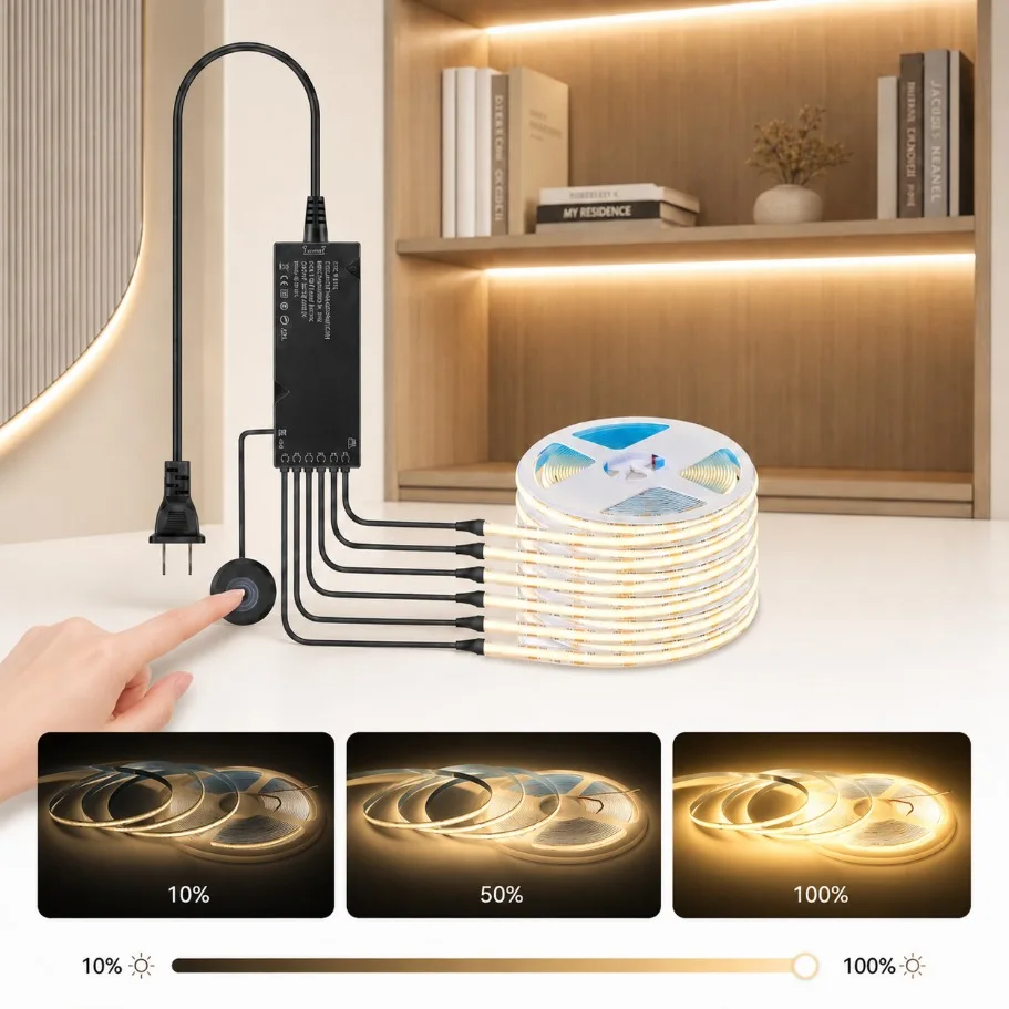 Sync Control 6-1pcs COB LED Strip with Touch Dimming Switch and Black Power Supply for Kitchen Showcase Bedroom Closet Backlight