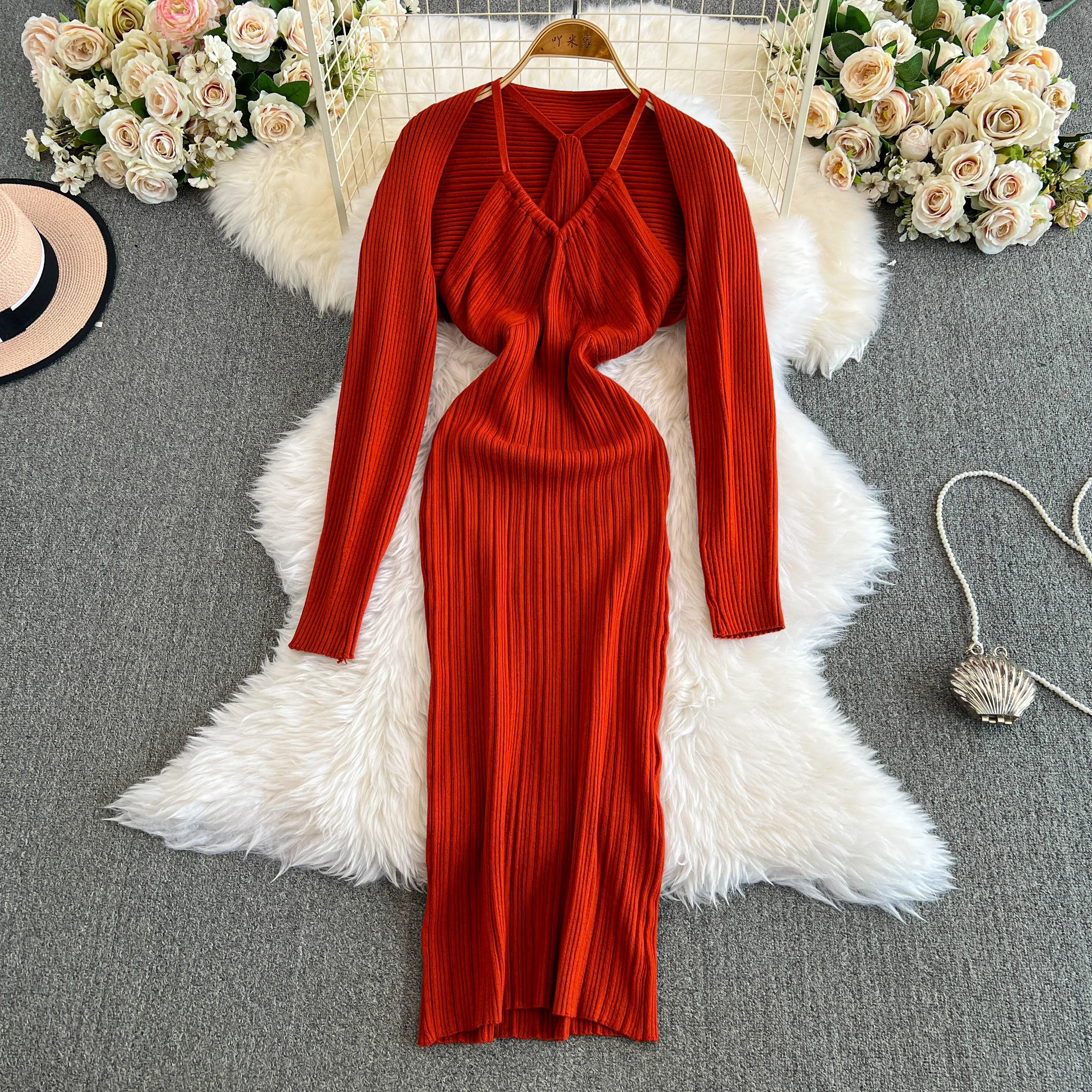 YuooMuoo Women Two Piece Dress Sets Chic Fashion Sexy Package Hips Long Dress and Long Sleeve Knitted Cardigans Streewear Autumn