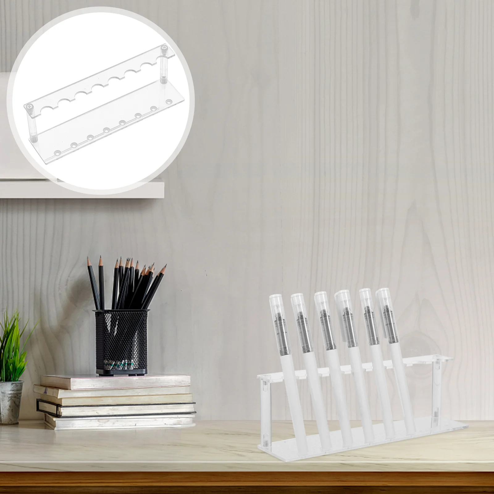 

1Set Acrylic Pen Organizer Rack Pen Display Stand with Standard Size Slots Holds Various Pens Brushes Compact Design for Home