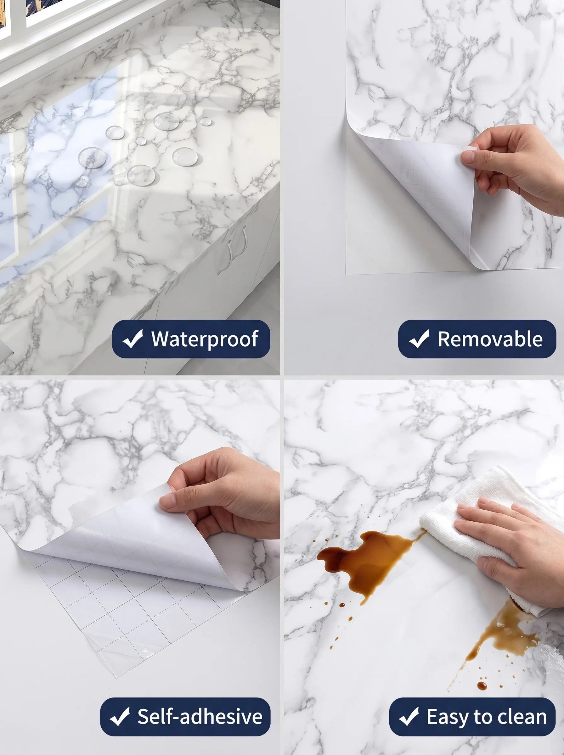 White Grey Marble Peel Stick Waterproof Contact Paper For Kitchen Counter Cabinet Desk Table DIY Furniture Home Reno Decor