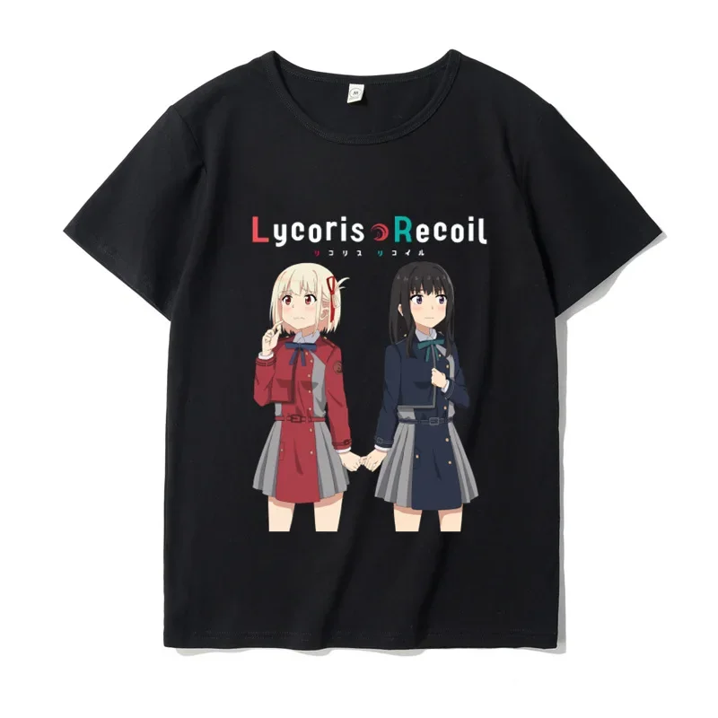 Cartoon Women T-shirt Summer Blouse Y2k Clothing Female Tops Black Apparel Lycoris Recoil Graphic T Shirts Anime Kawaii Tee Top