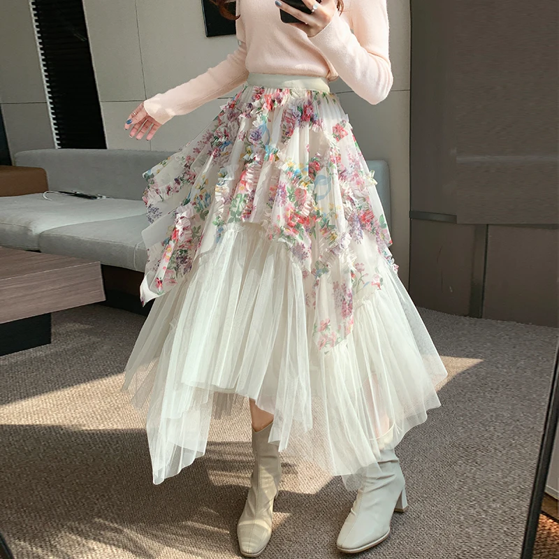 

Irregular Flower Cake Menth Tulle Skirt Women Fashion Elastic High Waist Casual Party Dance Long Skirt 2025 New