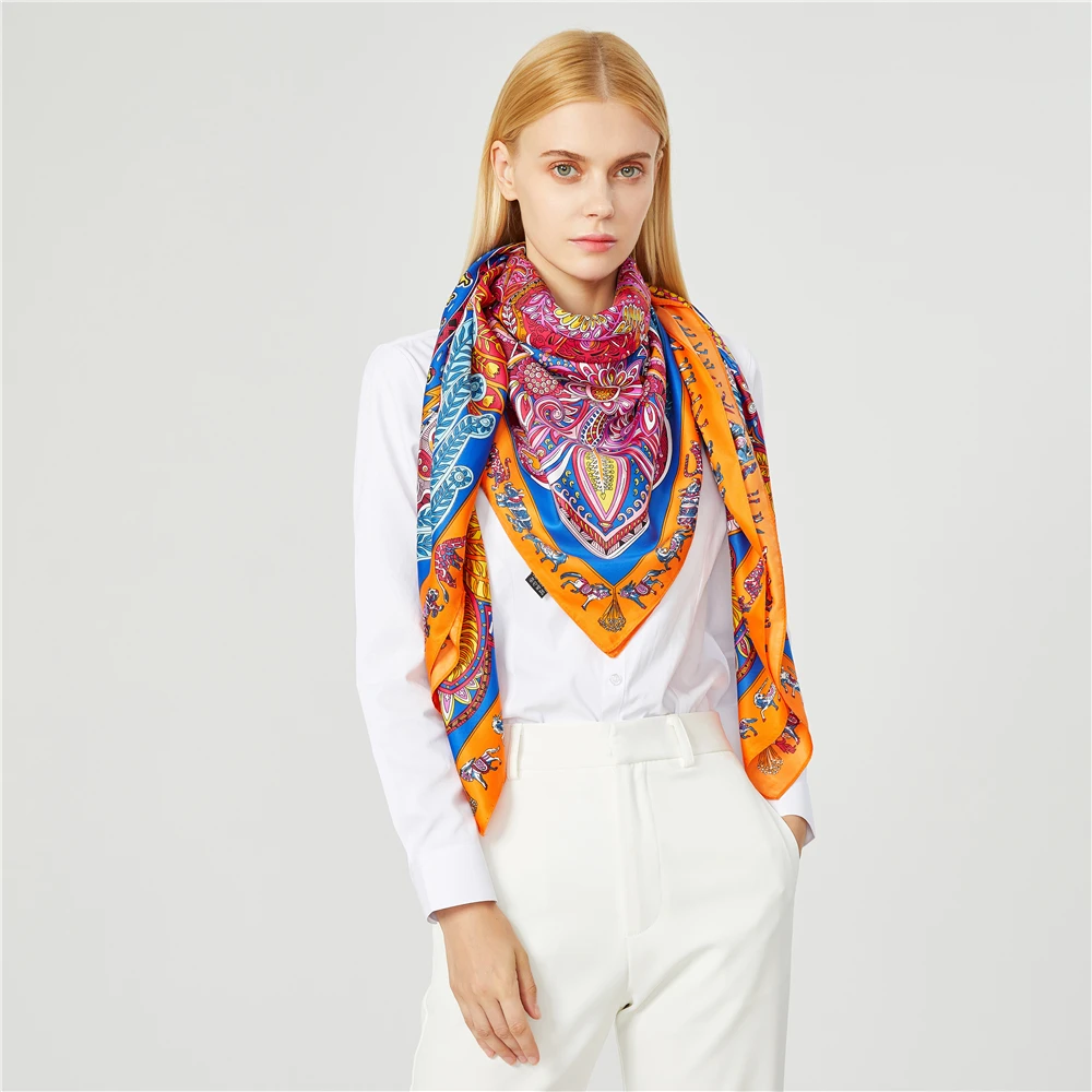 130cm Fashion Bandana Women Scarf Luxury Brand Paisley Hijab Twill Silk Shawl Scarfs For Ladies Foulard Square Scarves Wraps