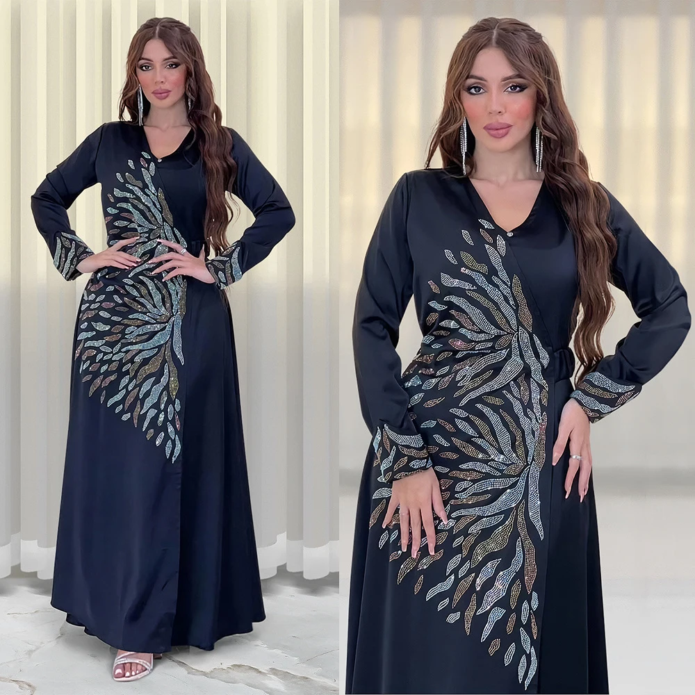 

Satin Abaya Muslim Shiny Diamonds Gown Floral Print Dress with Belt Sash Skirt Long Robe Women V-neck Kaftan Long Sleeves Gown