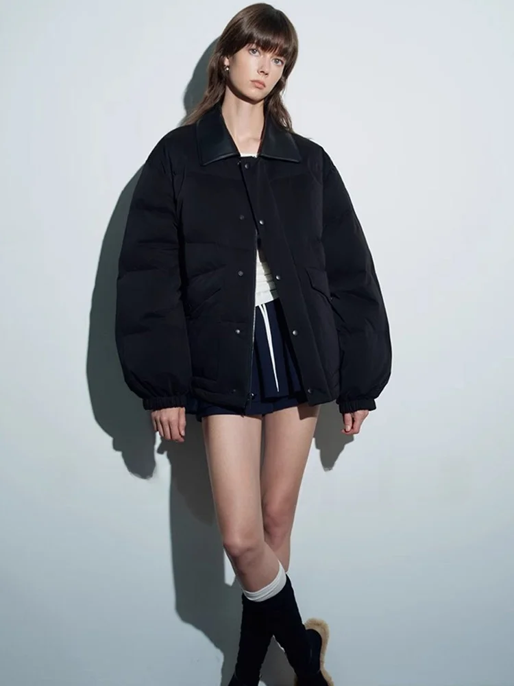 

Женская пуховая куртка из натурального гусиного пуха с кожаным воротником, модная, теплая, свободного кроя, в стиле «пуховик», трендовая, для повседневной носки