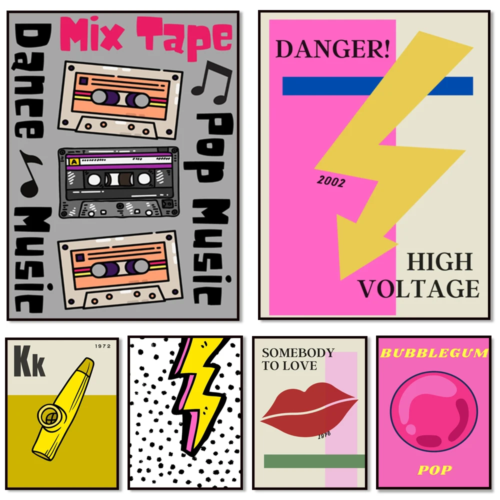 

Music poster, vinyl record, cassette tape, big red lips, dangerous high voltage bright colorful print, gift for music lovers