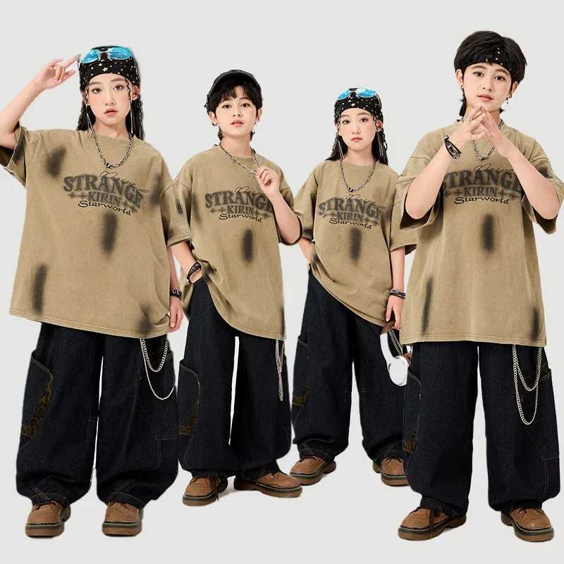 

Kid Kpop Hip Hop Clothing Khaki Letters T Shirt Denim Casual Leopard Pocket Jeans Cargo Pants for Girl Boy Dance Costume Clothes