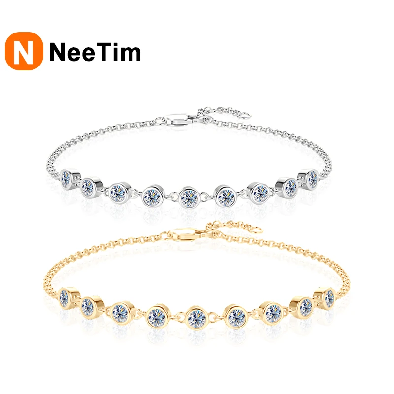 

NeeTim Full Moissanite Bracelets for Women s925 Sterling Silver with White Yellow Gold Plated Lab Diamond Bracelet Fine Jewelry