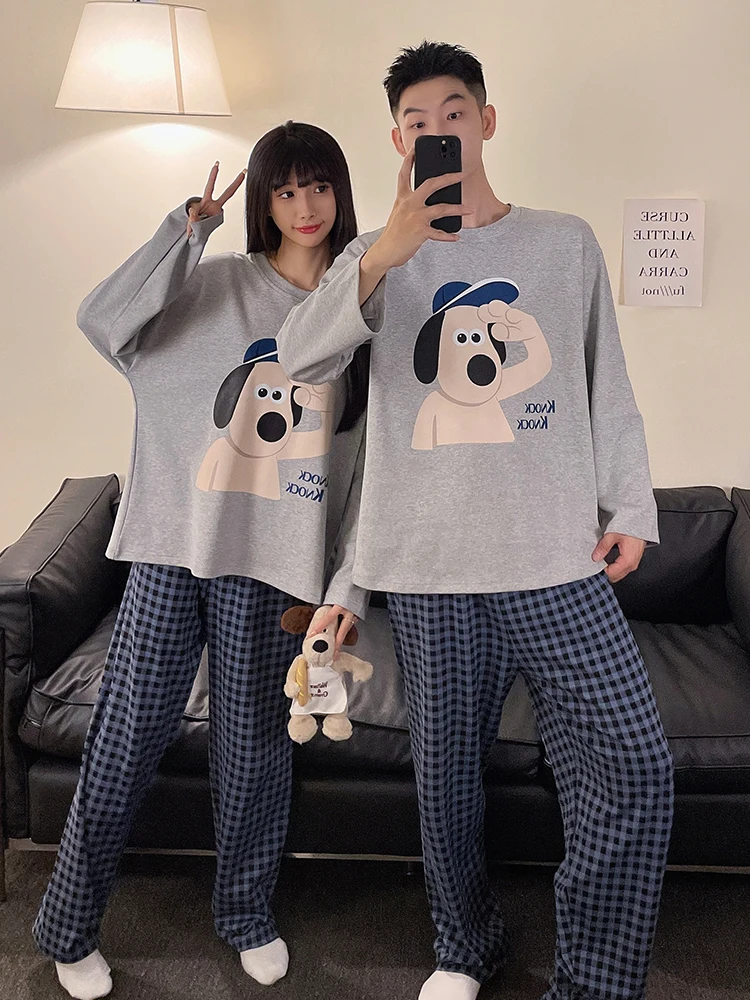 DAIMELU spring sleepwear set autumn couple pajamas women's cotton long-sleeved trousers nightwear men's cartoon teen loungewear