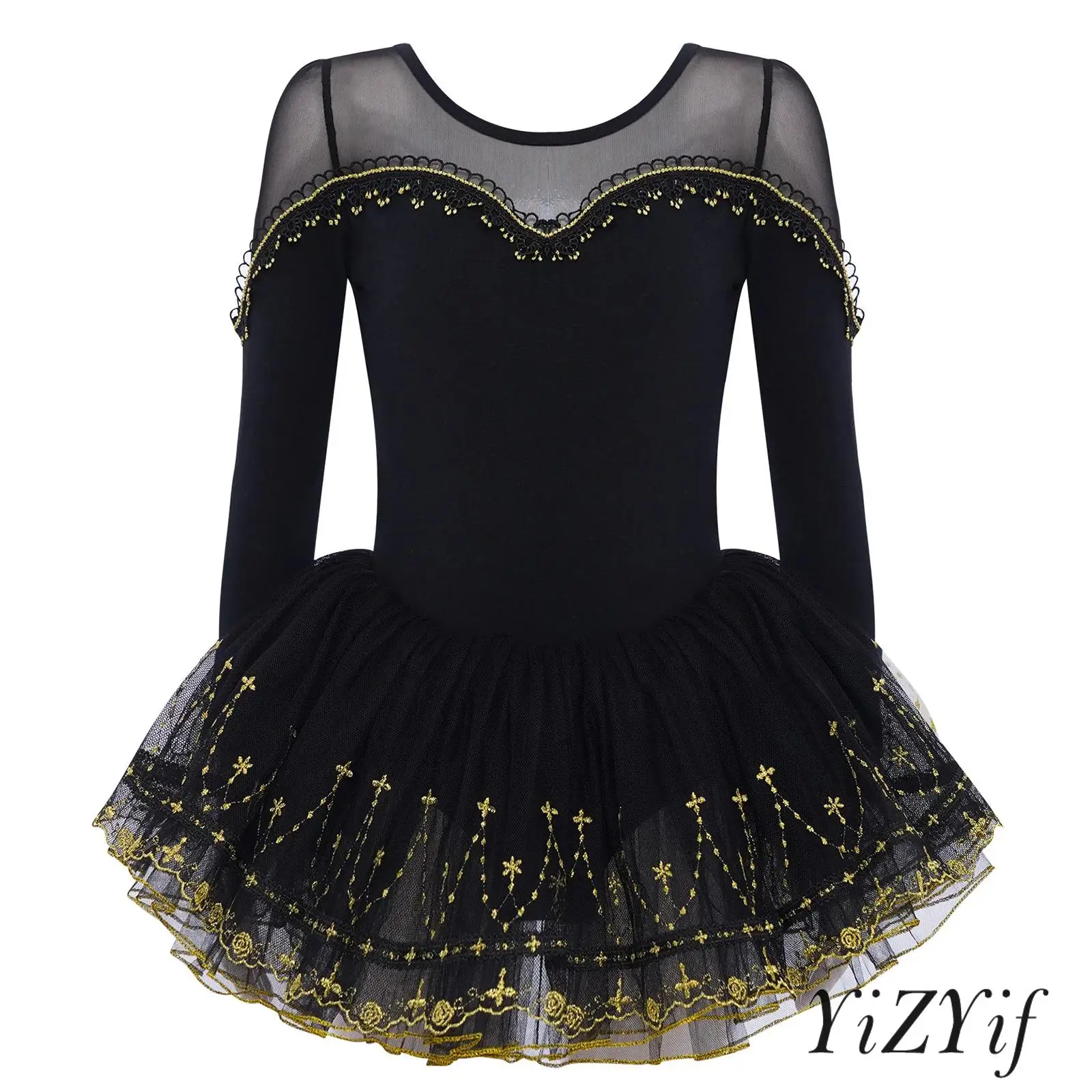 

Prima Ballerina Dress Premium Mesh Sleeves Artisan Lace Edging Layered Tulle Ballet Skirt Girls Lyrical Ballet Dance Costume