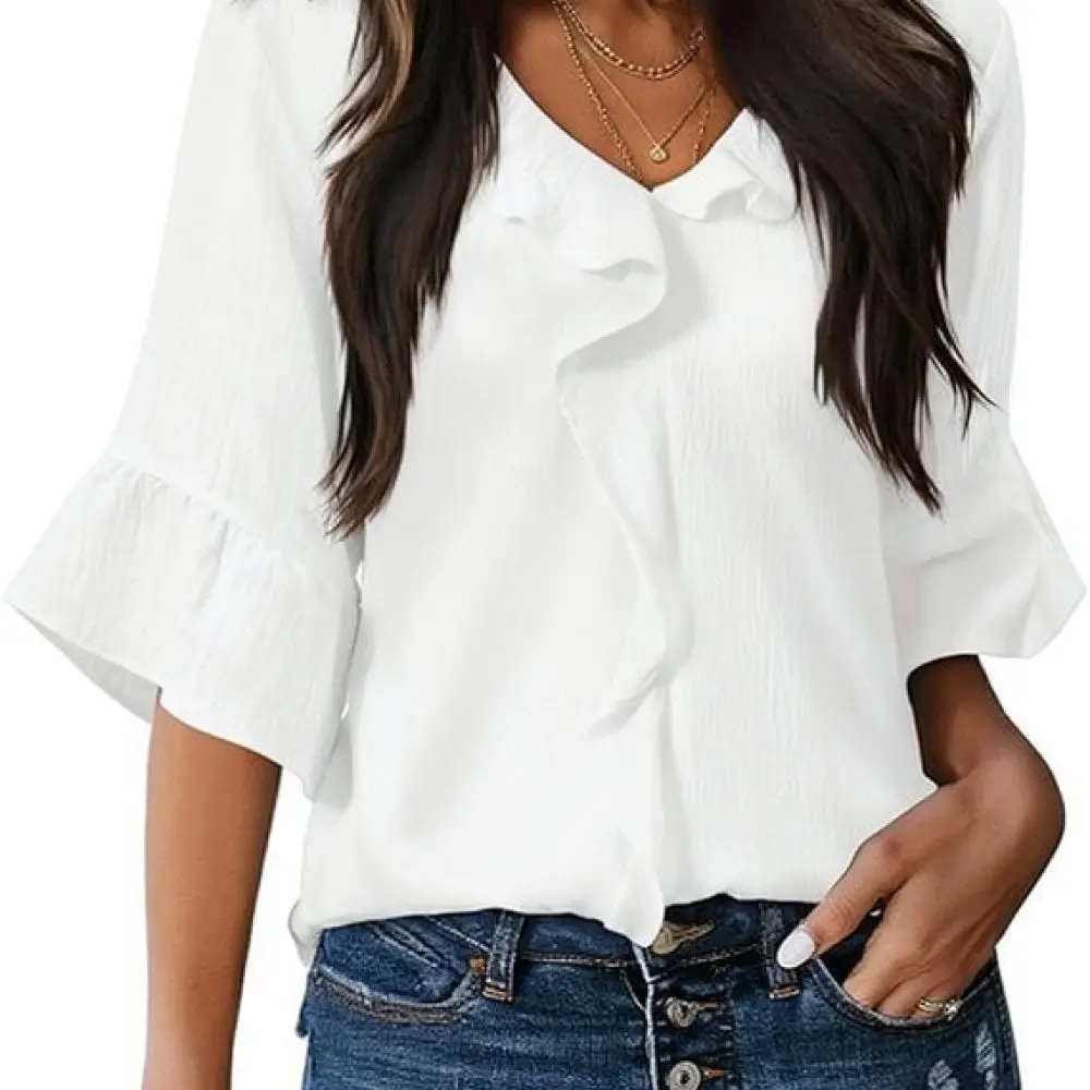 Summer Womens Blouse V Neck Ruffle Pleated Tops Elegant Casual Loose Short Sleeve Ice Silk Shirts Comfortable Fashion Apparel