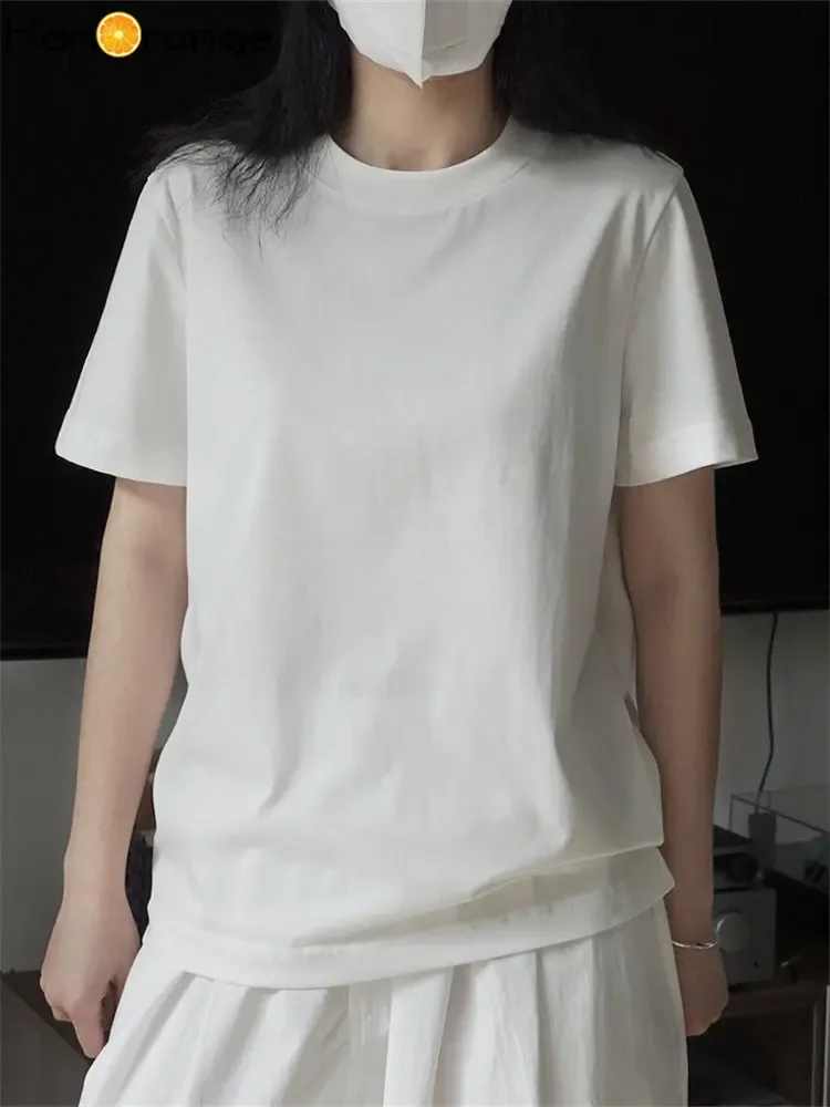 HanOrange 2025 printemps Simple en forme de H col rond manches courtes T-shirt femmes profil ample haut décontracté femme blanc/gris foncé/bleu
