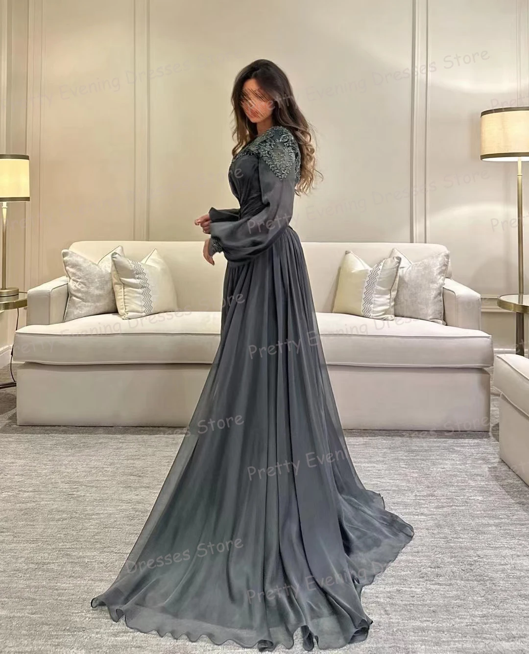 Simple A Line Evening Dresses Woman's Sexy Long Sleeve V Neck Prom Growns Split Celebrity Formal Party Robes De Soirée Gala 2024