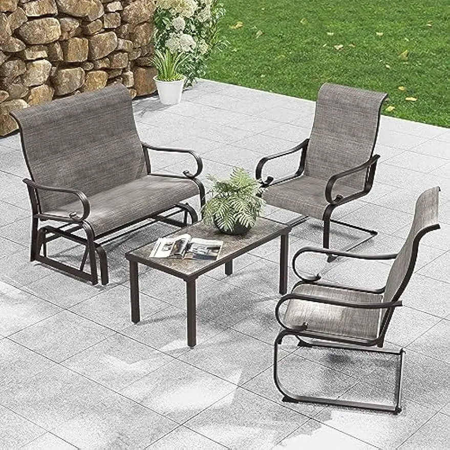 

Outdoor 4-Piece Steel Sling Mesh Glider Funiture Set, Motion Patio Conversation Set Glass Top Table(Loveseat, Bistro Table)