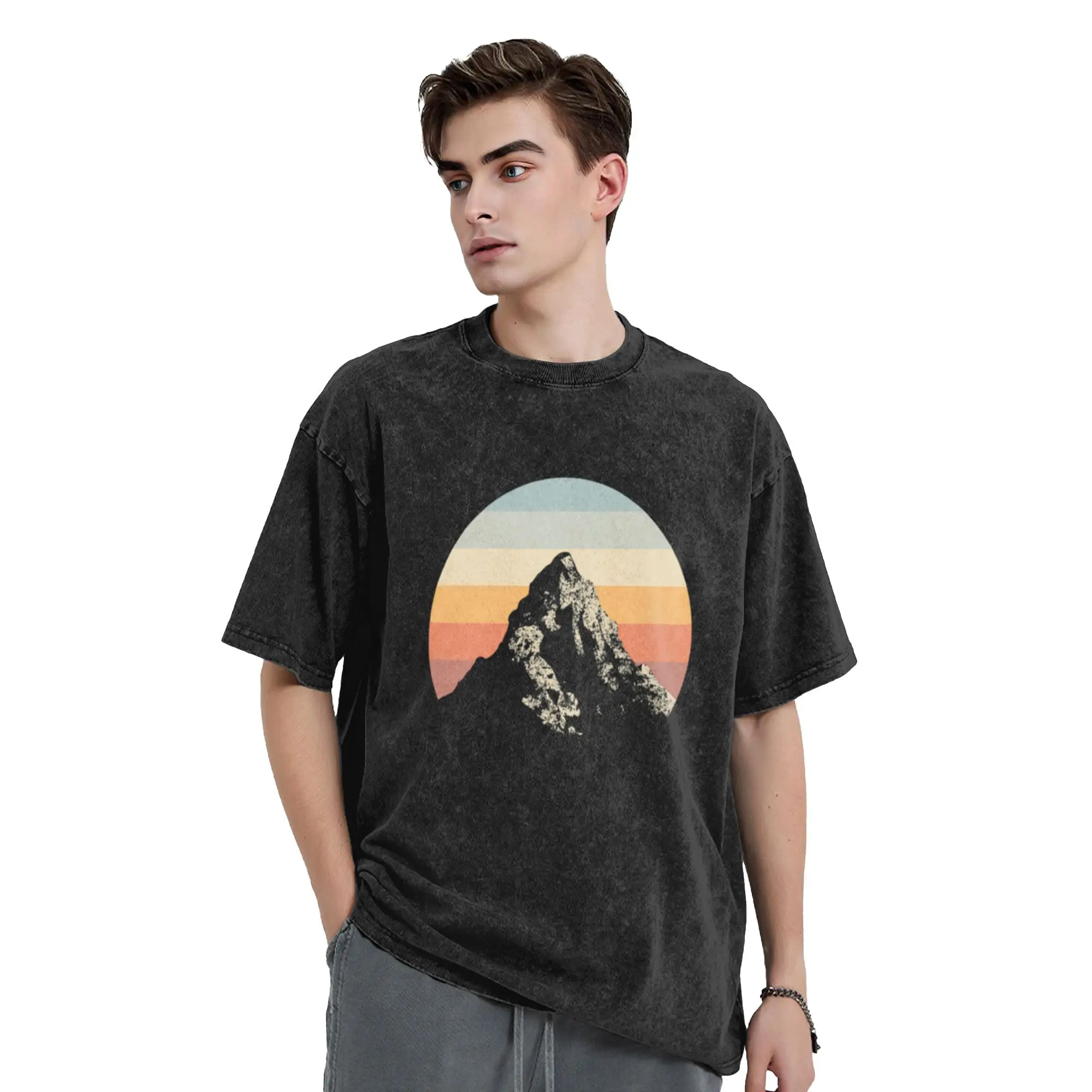 Mountain Sunset Circle Rainbow Outdoors Nature Hiking Lover Gifts A Washed T Shirt Men's Women's Oversized Cotton Tees Tops