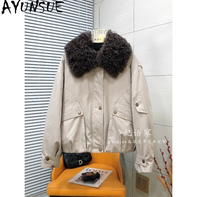 AYUNSUE Women's Down Coats and Parkas Warm Shearling Fur Collar Winter Jackets High Quality White Goose Down Coat Woman Clothes