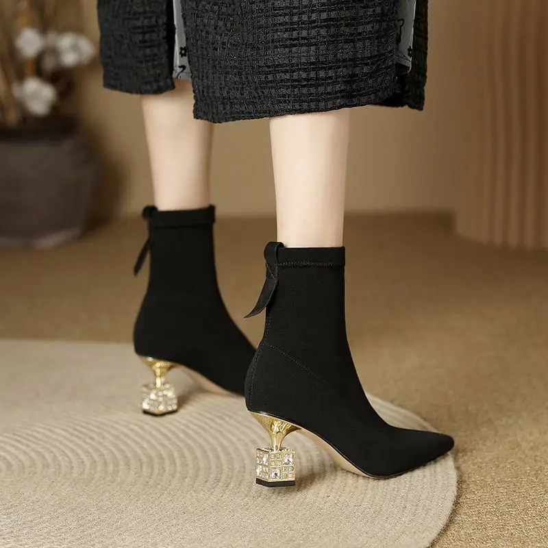 Rhinestone Heels Socks Boots Women Stretch Fabric Elastic High Heel Pointed Toe Ankle Boots Shoes Woman Botas Feminina