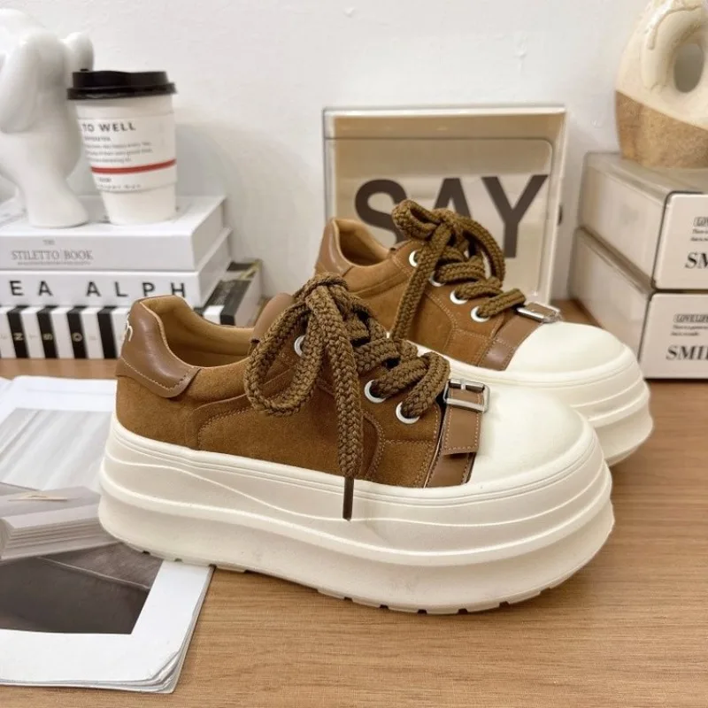 Women Black White Two Tone Buckle Platform Sneakers, Round Toe Chunky Lace Up Thick Sole Heightening Casual Women Skate Shoes