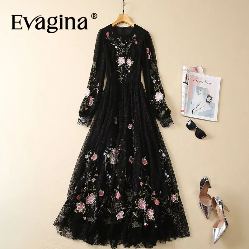 

Evagina Autumn Women's Ball Gown Dress Lantern Sleeved Embroidery Sequins Lace Splicing New Fashion Big Swing Dresses