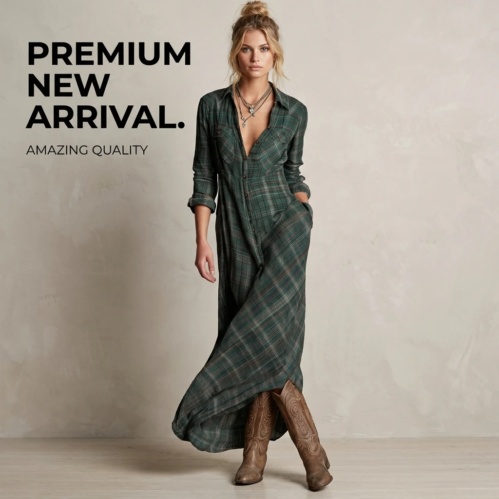 Plaid Maxi Shirt Dress for Women Long Sleeve Lapel Collar Button Down Vintage Casual Long Dress