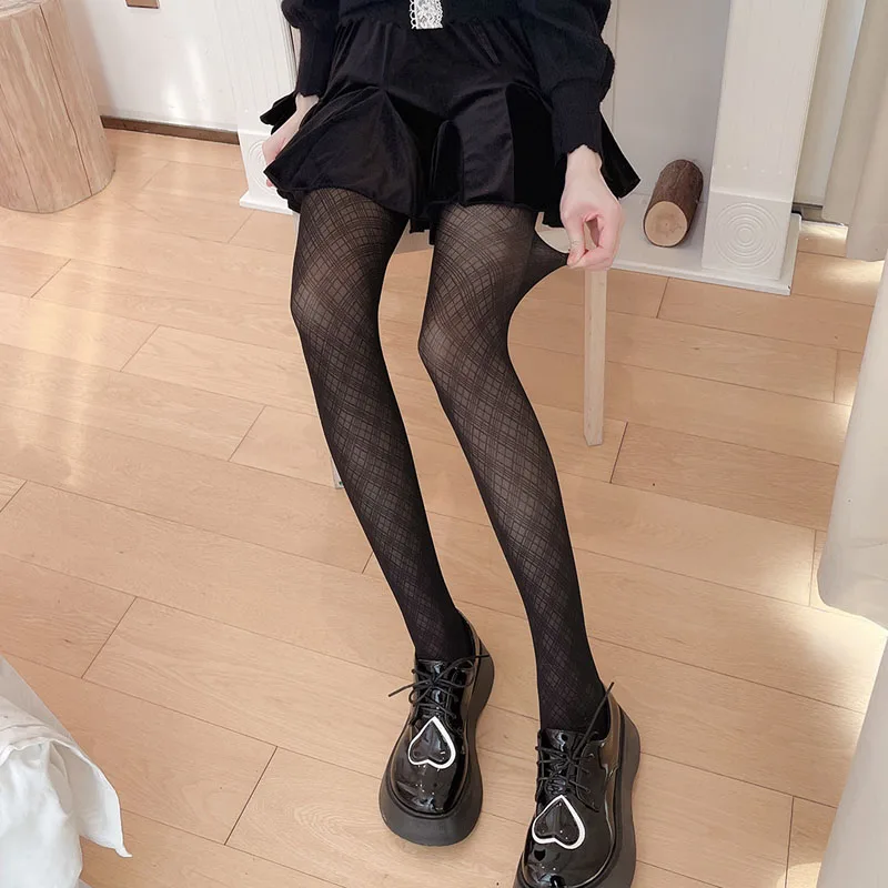 JK Lolita Girls Tights Pantyhose Women Ultra-thin Nylon Thigh High Stockings Pantyhose Y2k Japan Style Black Plaid Tights Women