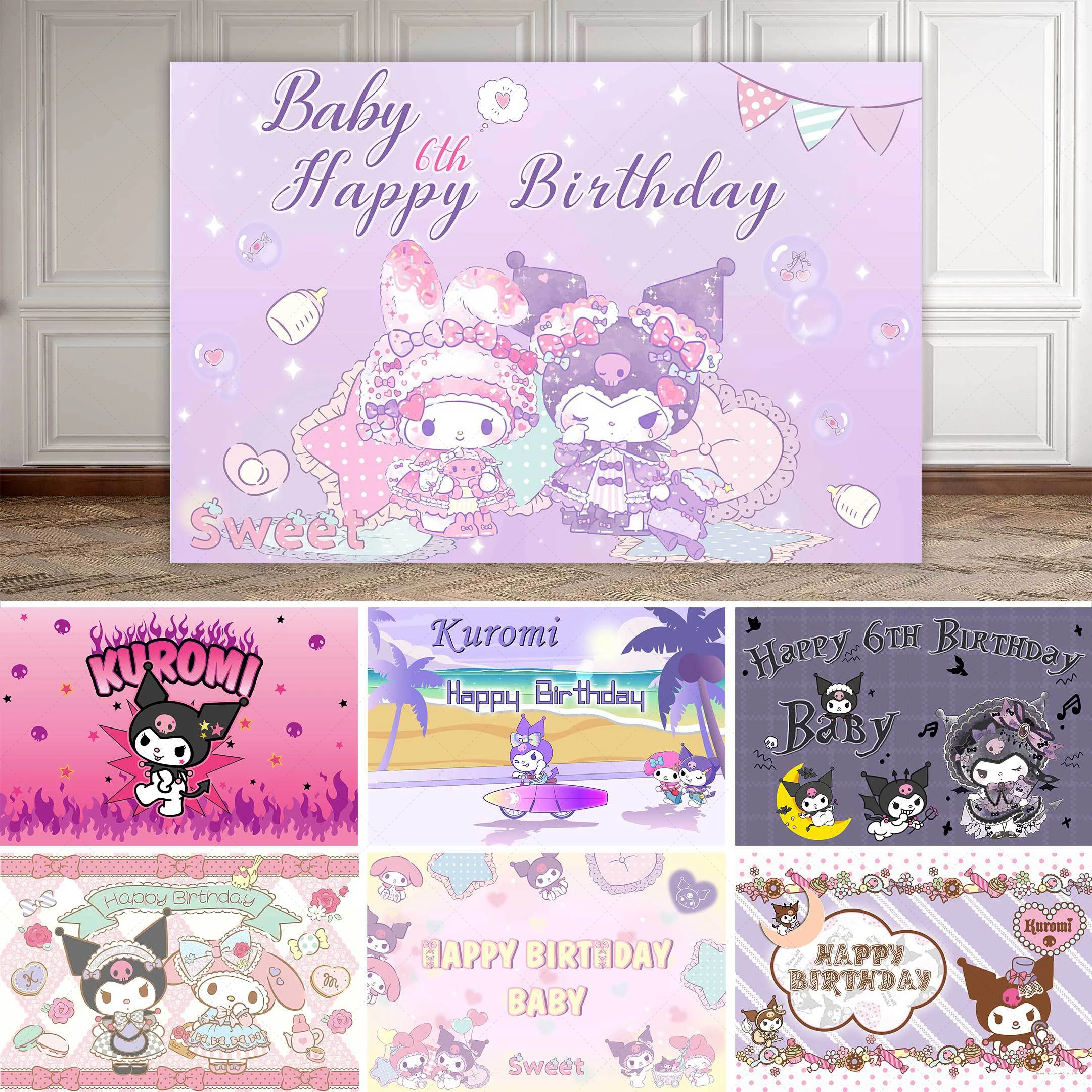 

Cartoon Kurome And Melody Birthday Background Cloth Poster Customized Sanrio Society Animation Party Hanging Cloth Decoration